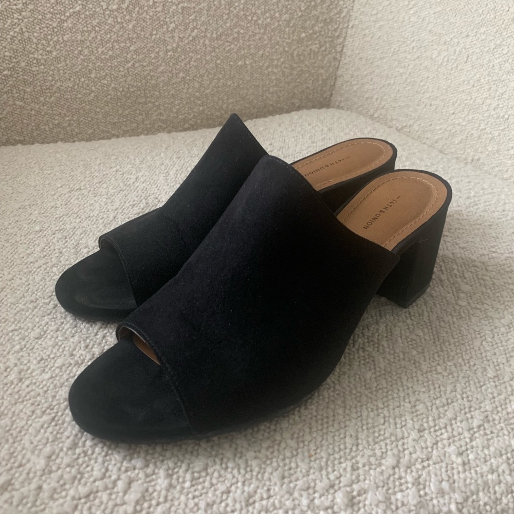 14th and Union black suede mules. Size 8.